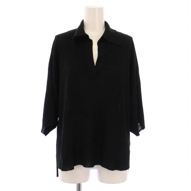 【中古】アパルトモン ドゥーズィエムクラス 襟付きリネンニットプルオーバー スキッパー 五分袖 薄手 無地 F 黒