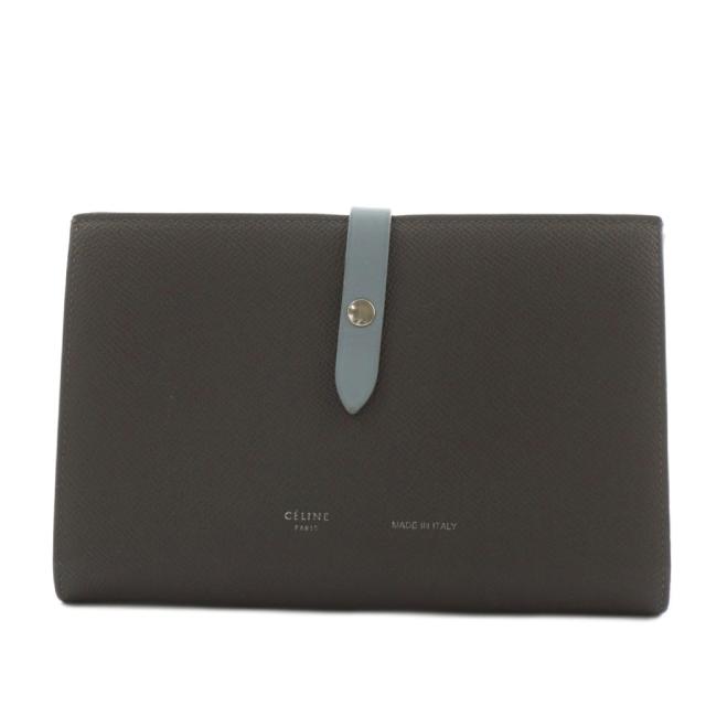 【中古】セリーヌ ラージ マルチファンクション ストラップウォレット 長財布 二つ折り グレー 水色 104873AI5