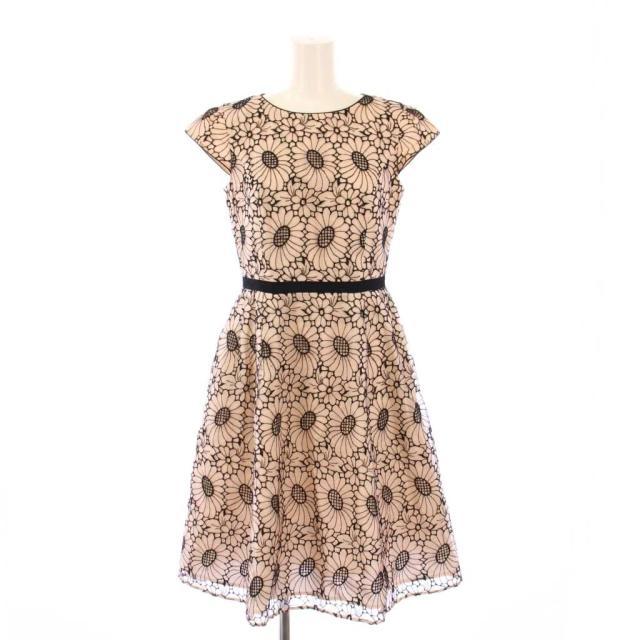 【中古】トッカ TOCCA フレアワンピース ひざ丈 半袖 クルーネック 花柄 刺繍 バイカラー 0 ピンク 黒 ブラック