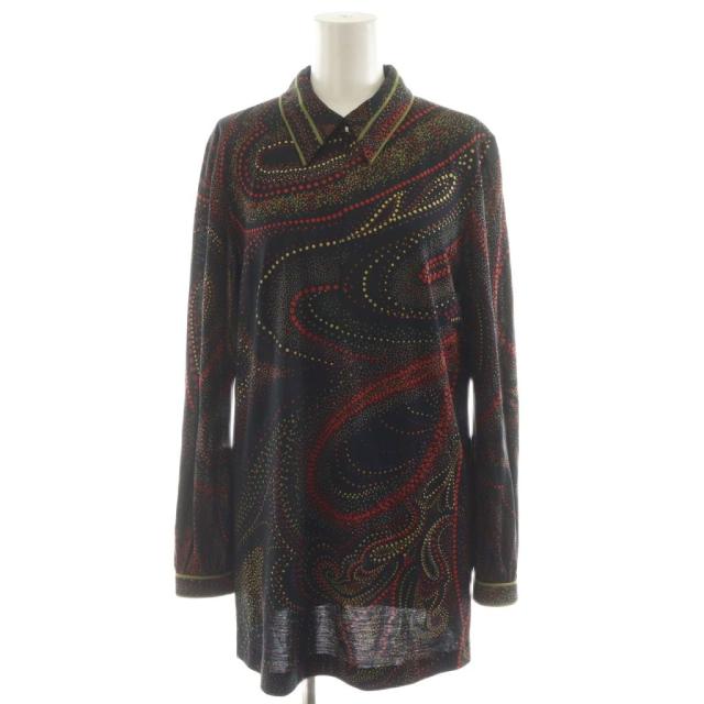 【中古】レオナール LEONARD シャツ ブラウス 長袖 総柄 ウール シルク混 絹 L 黒 ブラック 赤 レッド 緑