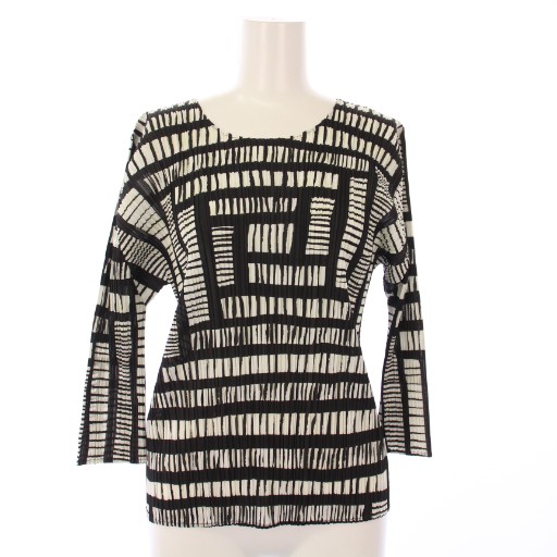 【中古】プリーツプリーズ イッセイミヤケ カットソー プリーツ 七分袖 総柄 3 黒 PP73-JK701 レディース