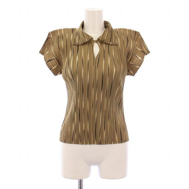 【中古】プリーツプリーズ イッセイミヤケ カットソー 半袖 ホリゾンタル ストレッチ ストライプ柄 3 ベージュ