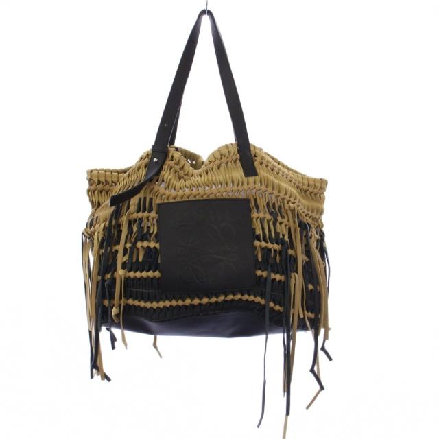 【中古】ロエベ LOEWE BOLSO WOVEN トートバッグ ショルダーバッグ レザー スエード ベージュ ブラック レディース