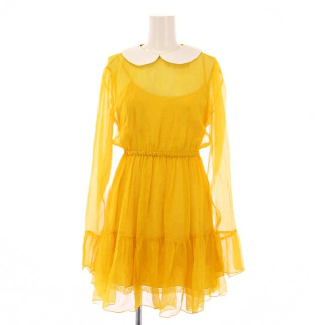 【中古】未使用品 グッチ ラウンドカラーシフォンドレス フレアワンピース ミニ丈 長袖 丸襟 シアー シルク 36 黄色