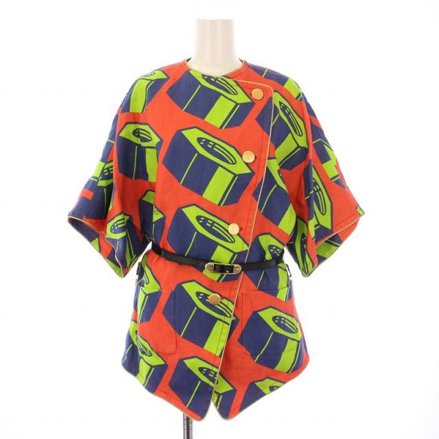 【中古】未使用品 グッチ ツールプリントリネン ノーカラージャケット アウター 半袖 シルク ウール混 マルチカラー