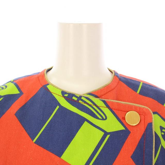 【中古】未使用品 グッチ ツールプリントリネン ノーカラージャケット アウター 半袖 シルク ウール混 マルチカラー_6