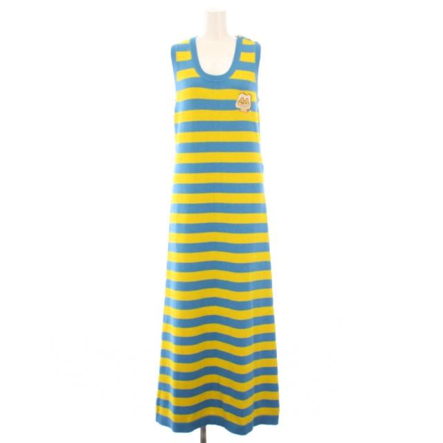 【中古】グッチ フレアワンピース マキシ ロング ニット ノースリーブ Uネック アニマル刺繍 ウール混 M 青 黄色