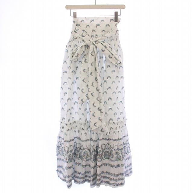 【中古】ロレッタカポーニ Loretta Caponi フレアスカート ギャザー マキシ ロング 花柄 リボン S 白 ホワイト