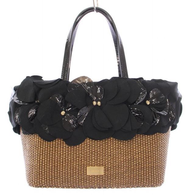 【中古】エポカ EPOCA かごバッグ カゴバッグ ハンドバッグ 編み込み 花柄 コサージュ 装飾 バイカラー 茶 黒