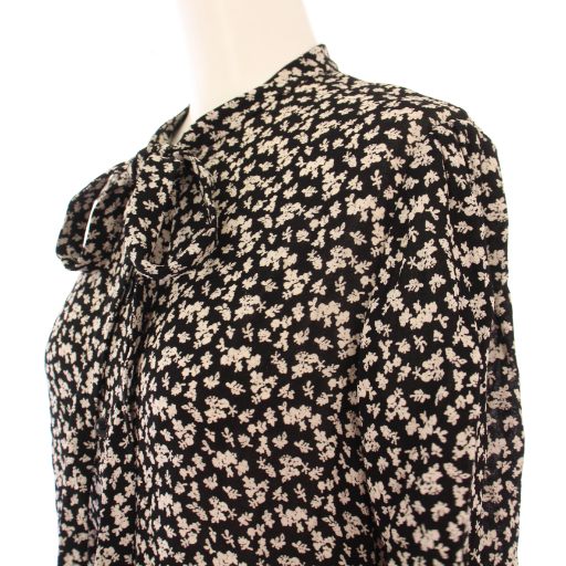 【中古】セリーヌ CELINE ボウタイシャツ ブラウス 五分袖 フラワー 花柄 バイカラー 34 黒 ブラック グレー