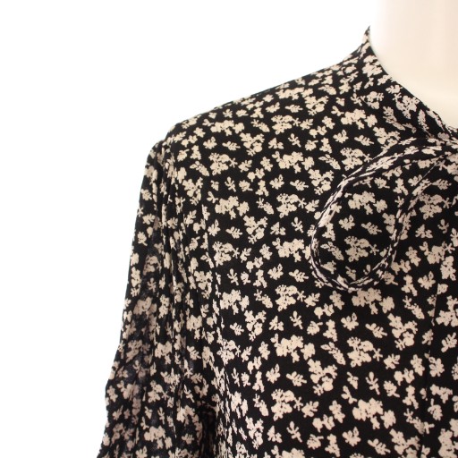 【中古】セリーヌ CELINE ボウタイシャツ ブラウス 五分袖 フラワー 花柄 バイカラー 34 黒 ブラック グレー
