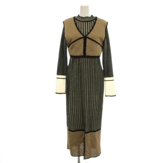 【中古】パブリックトウキョウ PUBLIC TOKYO ベストレイヤードワンピース ロング 長袖 ニット ベージュ ゴールド 黒