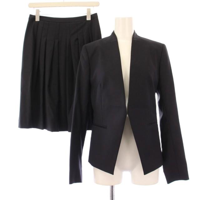 【中古】セオリーリュクス セットアップ ノーカラージャケット アウター 総裏地 プリーツスカート ひざ丈 ウール 黒