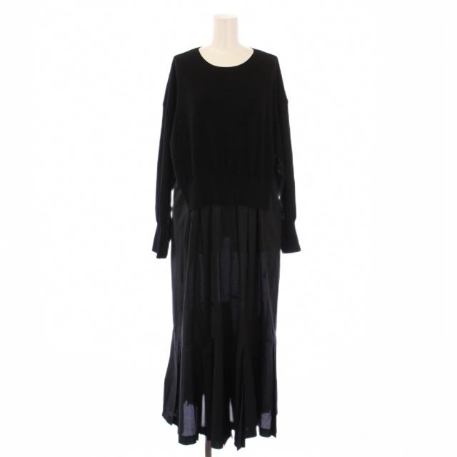【中古】ルフィル LE PHIL シルクニットコンビワンピース フレア ミモレ ロング 切替 ストレッチ ペチコート付き 0 黒