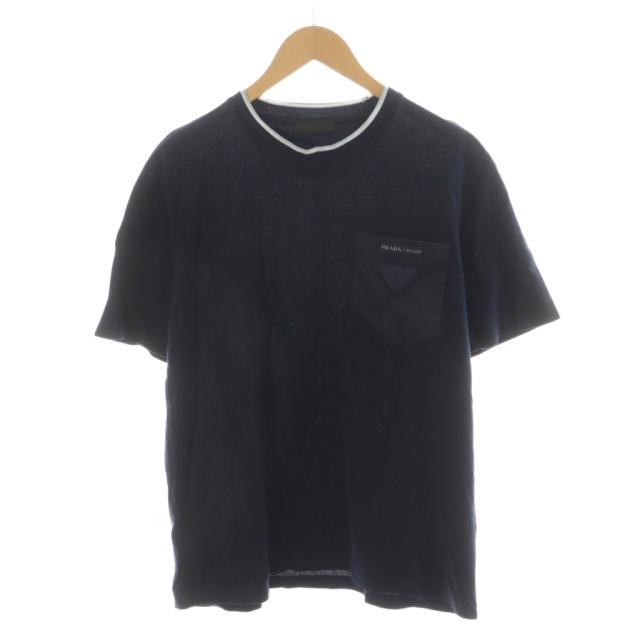 【中古】プラダ PRADA トライアングルロゴ Tシャツ カットソー 半袖 クルーネック XL 紺 ネイビー UJN616