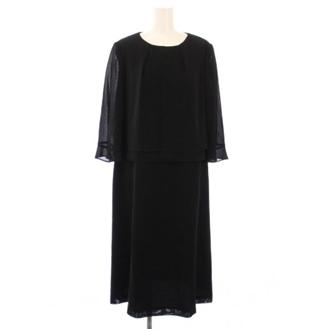 【中古】ソワールペルル SOIR PERLE ブラックフォーマル 喪服 ワンピース ひざ丈 半袖 クルーネック 七分袖 15AR 黒