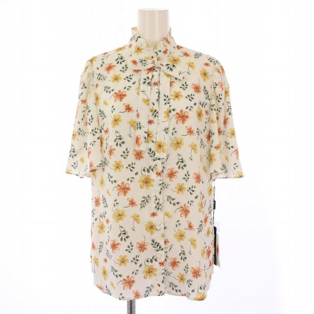 【中古】未使用品 ルネ Rene シャツ ブラウス 半袖 スタンドカラー リボン 花柄 34 白 ホワイト マルチカラー
