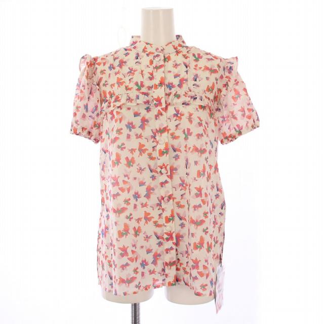 【中古】ルネ Rene シャツ ブラウス 半袖 バンドカラー フリル 花柄 34 ピンク /BB レディース