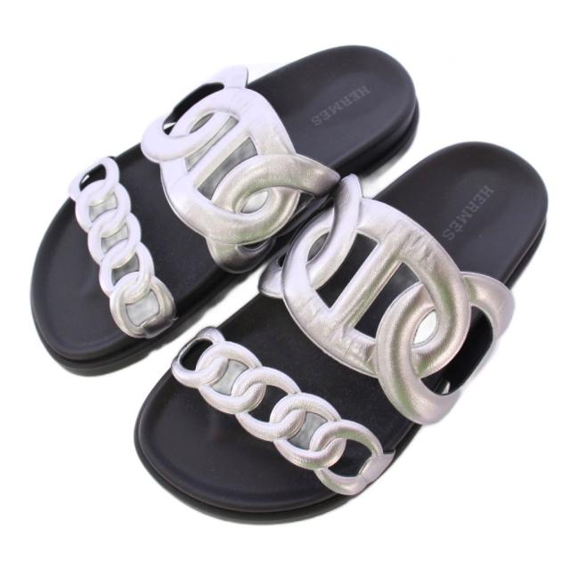 【中古】エルメス HERMES エクストラ シェーヌダンクル サンダル フラット バイカラー レザー 35 黒 シルバーカラー