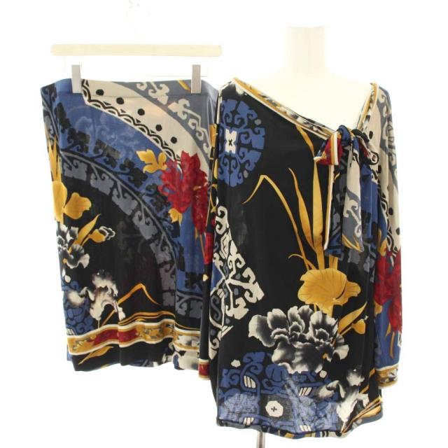 【中古】レオナール セットアップ 上下 カットソー 長袖 ボウタイ スカート ひざ丈 花柄 46 黒 紺 レディース