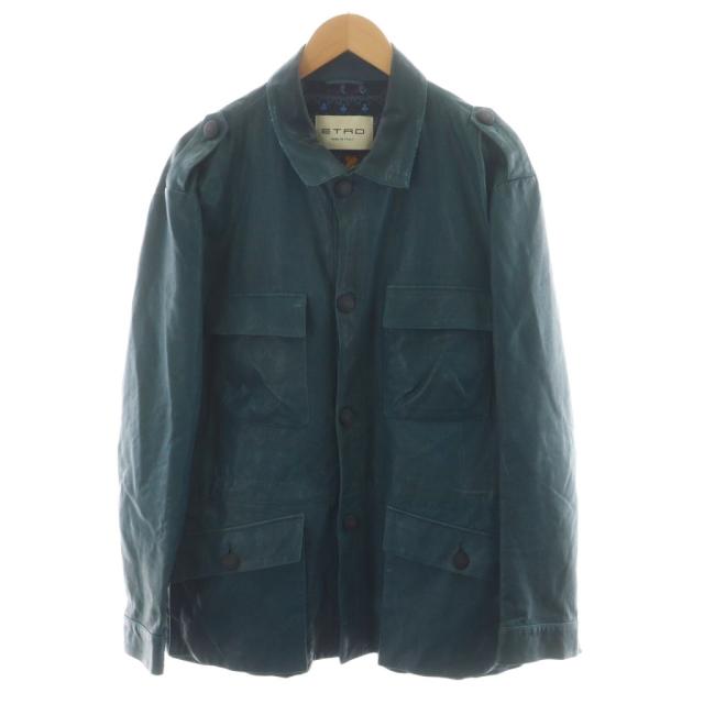 【中古】エトロ ETRO レザージャケット 革ジャン 裏地総柄 シルク 絹 3XL 青 ブルー /AN41 メンズ