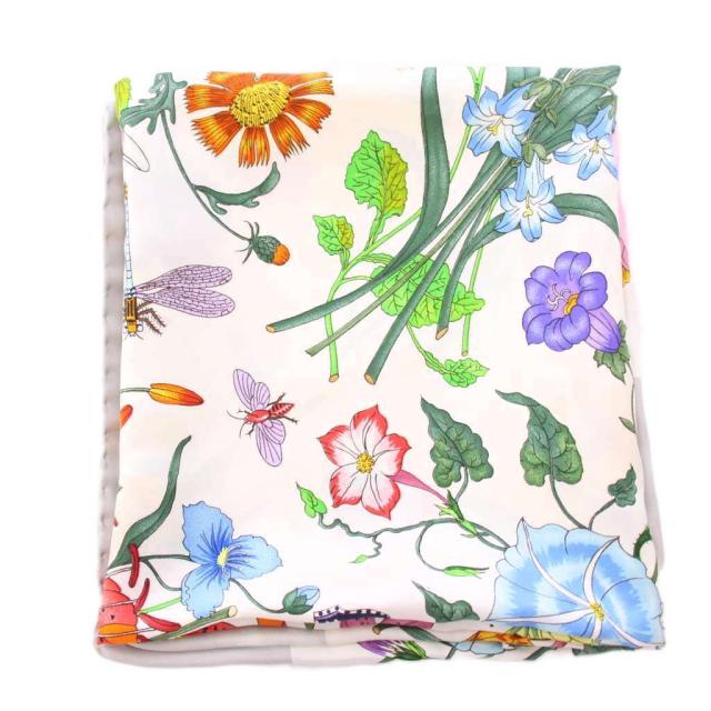 中古】グッチ GUCCI スカーフ 花柄 フラワー シルク 白 ホワイト