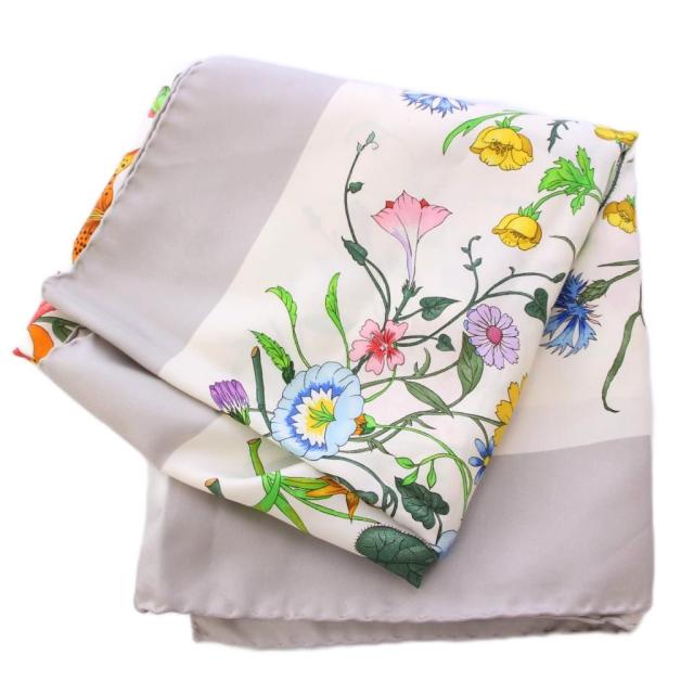 中古】グッチ GUCCI スカーフ 花柄 フラワー シルク 白 ホワイト
