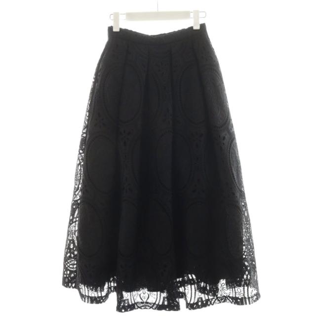 【中古】ツル バイ マリコオイカワ フラワーレースタックフレアロングスカート 刺繍 34 黒 SK-1241210