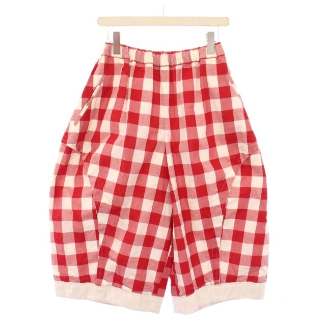 【中古】コムデギャルソン AD2019 ワイドパンツ イージー クロップド丈 ウエストゴム チェック柄 XS 赤 レッド 白