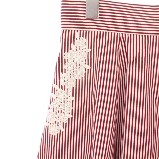 【中古】ルネ Rene フレアスカート ミモレ ロング 花柄 レース 刺繍 ストライプ柄 バイカラー 34 赤 レッド 白 中古】ルネ Rene フレアスカート ミモレ ロング 花柄 レース 刺繍