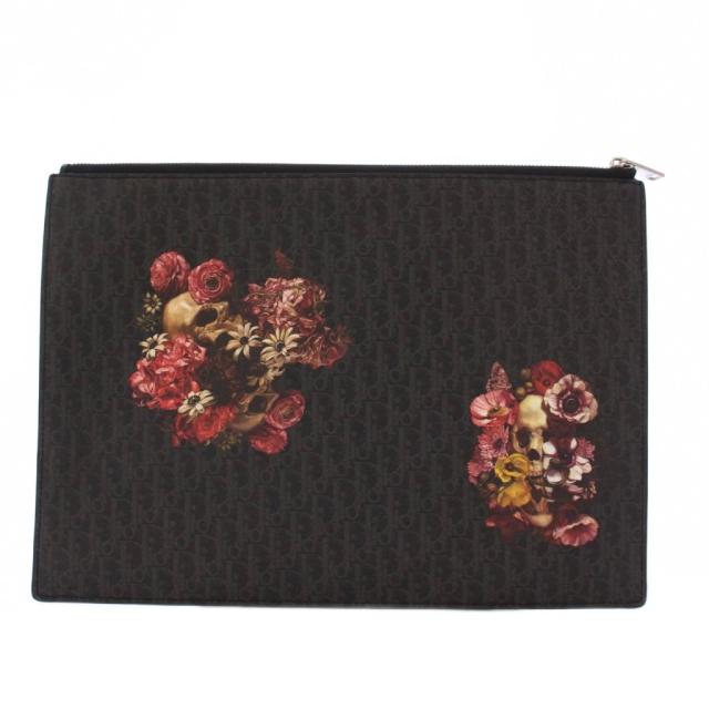 【中古】ディオールオム 亀井徹 セカンドバッグ クラッチバッグ ヴァニタス柄スカルローズ トロッター ブラック