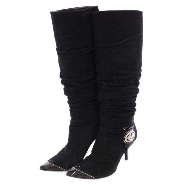 【中古】ディオール Dior CDロゴ ロングブーツ ギャザー スエード ポインテッドトゥ 35 D 黒 /TK レディース
