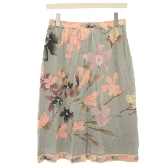 【中古】レオナール LEONARD fashion フレアスカート ウール 絹 シルク混 ひざ丈 花柄 プリント 69 グレー ピンク