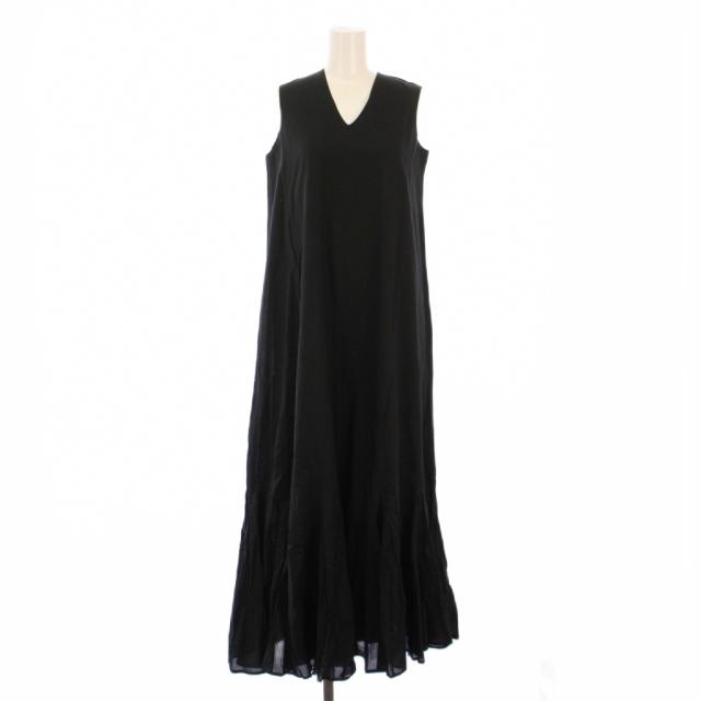 【中古】未使用品 マリハ 夏の月影のドレス フレアワンピース マキシ ロング ノースリーブ Vネック 無地 36 黒