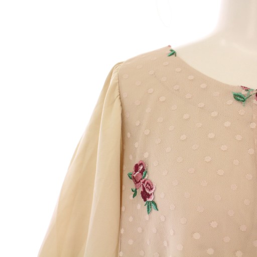 【中古】ローズティアラ チュール刺繍切替チュニック 七分袖 クルーネック ストレッチ バラ柄 薔薇柄 ベージュ_5
