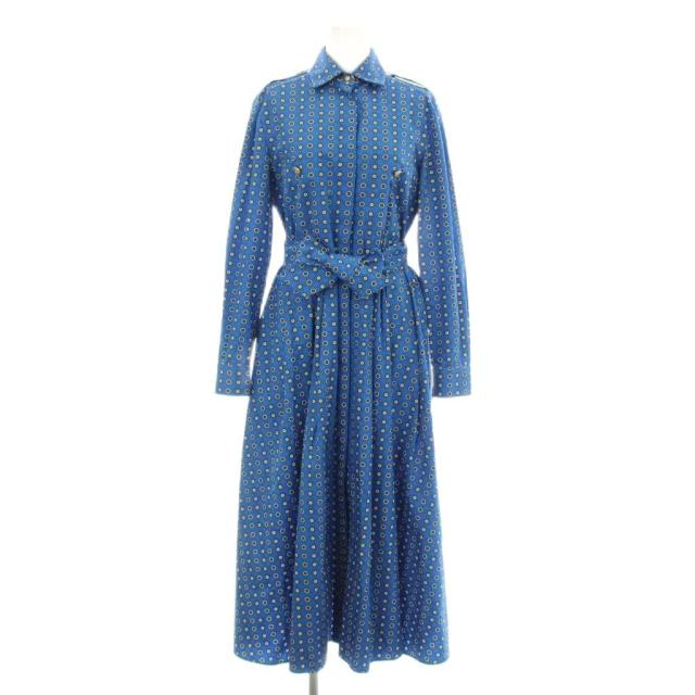 【中古】マックスマーラ シャツワンピース フレア ロング マキシ 長袖 総柄 プリント ベルト付き 36 ブルー 122111026