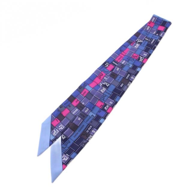 【中古】エルメス HERMES ツイリー BOLDUC AU CARRE スカーフ ボルデュックチェック ブルー /KH ■OH レディース