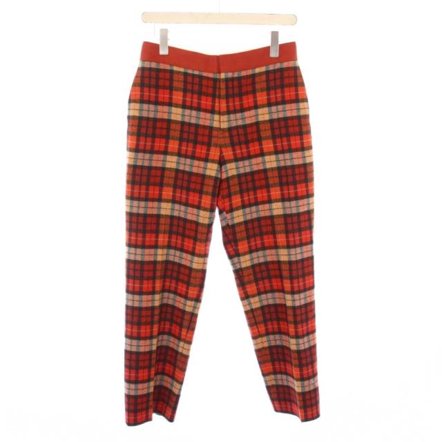 【中古】ドゥロワー Drawer テーパードパンツ スラックス ジップフライ チェック柄 ウール カシミヤ混 オレンジ 赤