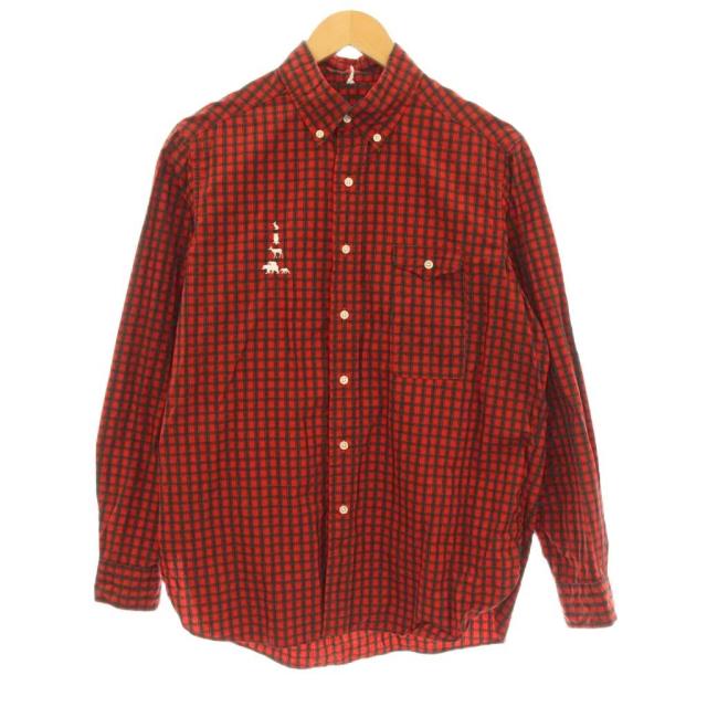 【中古】マウンテンリサーチ B.D. ボタンダウンシャツ カジュアルシャツ 長袖 チェック柄 ロゴ刺繍 S 赤 黒 MTR-2429
