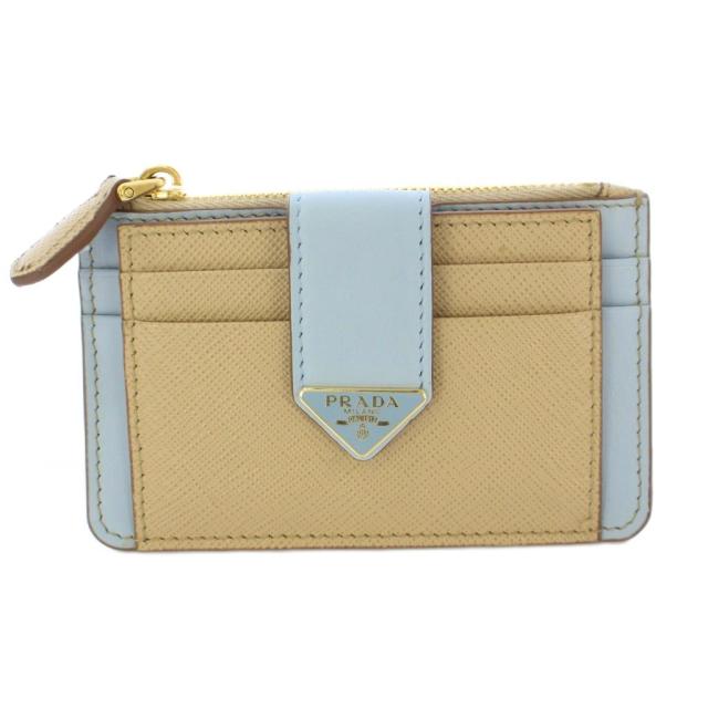 【中古】プラダ PRADA カードケース カード入れ 小銭入れ ケース コンパクト 三角ロゴ レザー ベージュ 水色