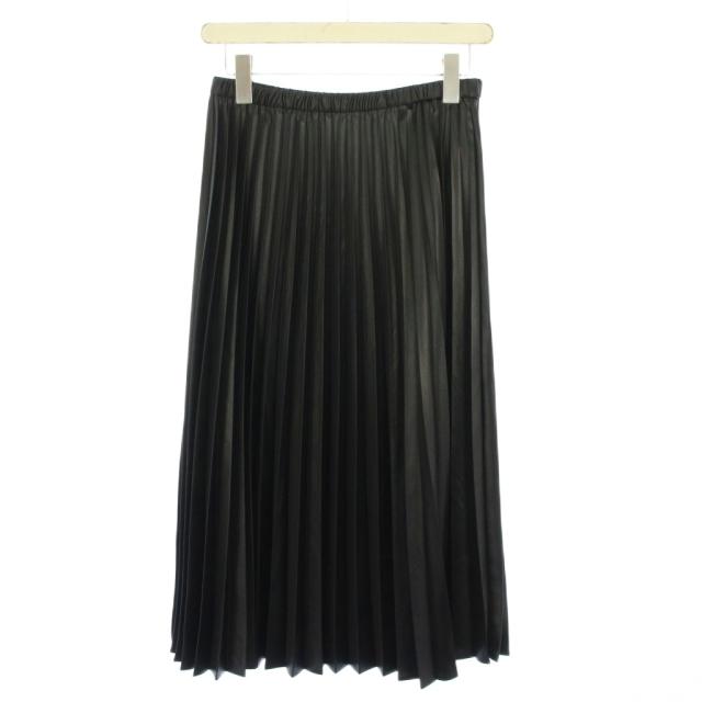 【中古】23区 サテンプリーツレザーライクスカート フレア イージー ミモレ ロング ウエストゴム ワンカラー 36 黒