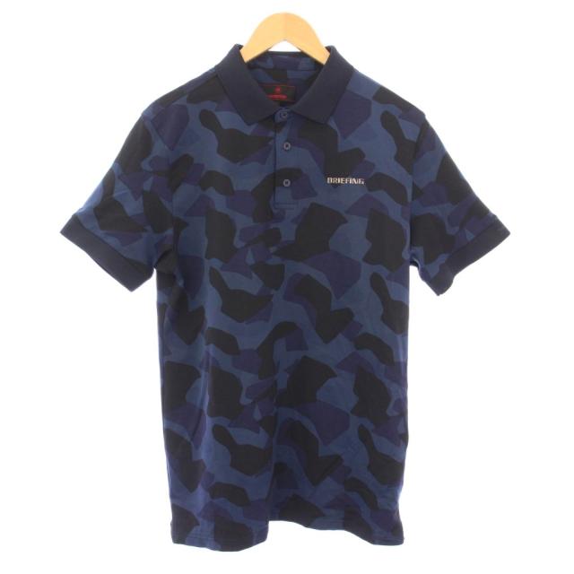 【中古】ブリーフィング ゴルフウェア ポロシャツ 半袖 レギュラーカラー ハーフボタン ロゴ 迷彩柄 L 紺 黒
