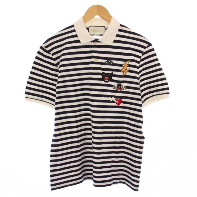【中古】グッチ XJAGX ポロシャツ 半袖 レギュラーカラー ハーフボタン 鹿の子 刺繍 ストレッチ ボーダー柄 白 紺