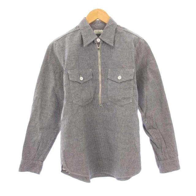 【中古】ウエアハウス WAREHOUSE シャツ プルオーバー 長袖 レギュラーカラー ハーフジップ ストライプ柄 36 紺 白