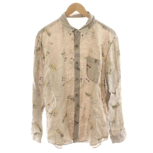 【中古】パパス Papas シャツ 長袖 総柄 手紙柄 リネン 麻 L ベージュ D0451FBP205 /AN29 メンズ