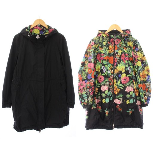 【中古】モンクレール EUFRASIA GIUBBOTTO ナイロンコート アウター ロング丈 リバーシブル フード 黒 マルチカラー