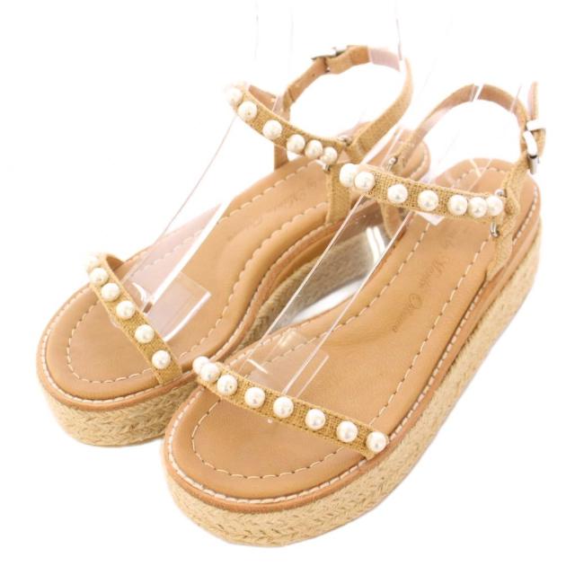 【中古】ツル バイ マリコオイカワ Bonne パールサンダル アンクルストラップ 厚底 エスパドリーユ 23cm ベージュ