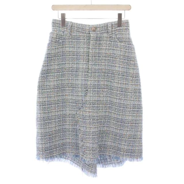 【中古】マディソンブルー 5ポケットリメイクAラインツイードスカート フレア ひざ丈 M 水色 ライトブルー