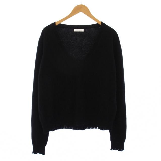 【中古】マディソンブルー ラクーンファーVネックニット セーター 長袖 薄手 ワンカラー ウール混 ダメージ加工 黒