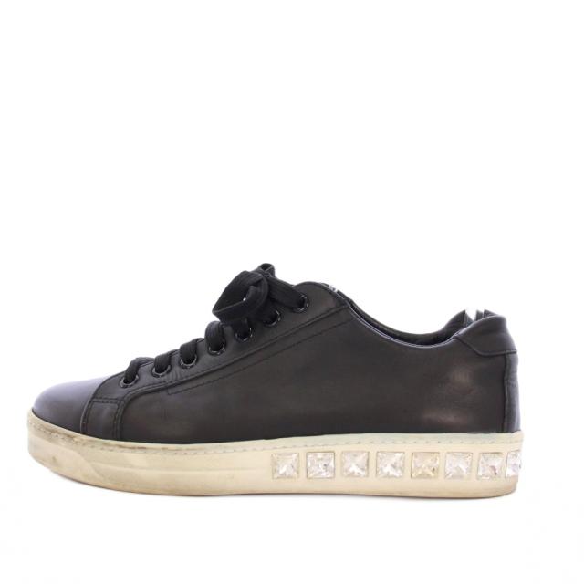 【中古】プラダ PRADA レザースニーカー ビジュー ローカット 36.5 黒 /KH